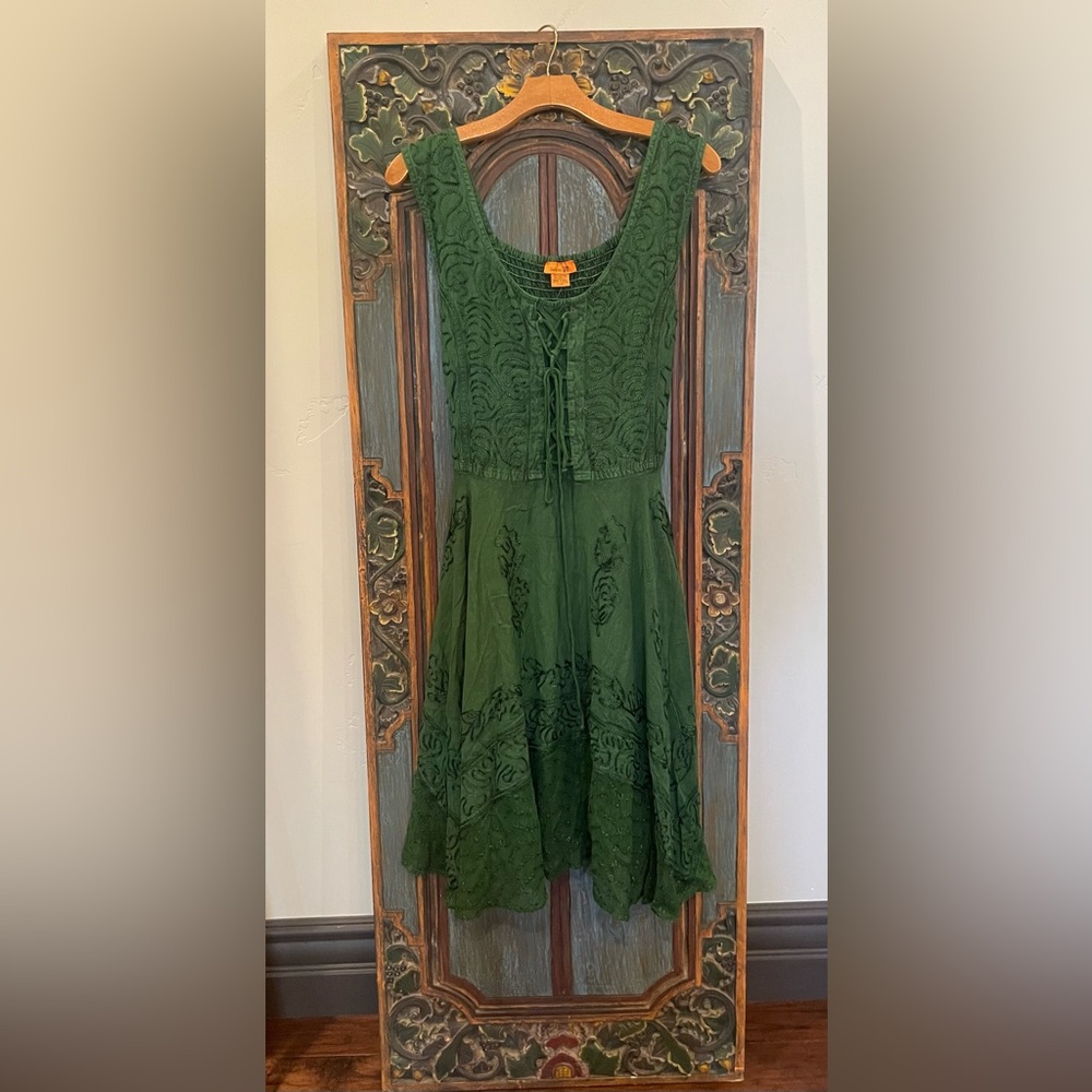 NWT Sakkas Magdilena Corset Front Boho Style Embroidered Green Dress Size L/XL